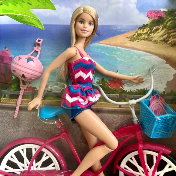 NEW Barbie Glam Bike Pink Helmet Blue Basket Jointed Doll Kids Toy Bicycle Set - Picture 3 of 13